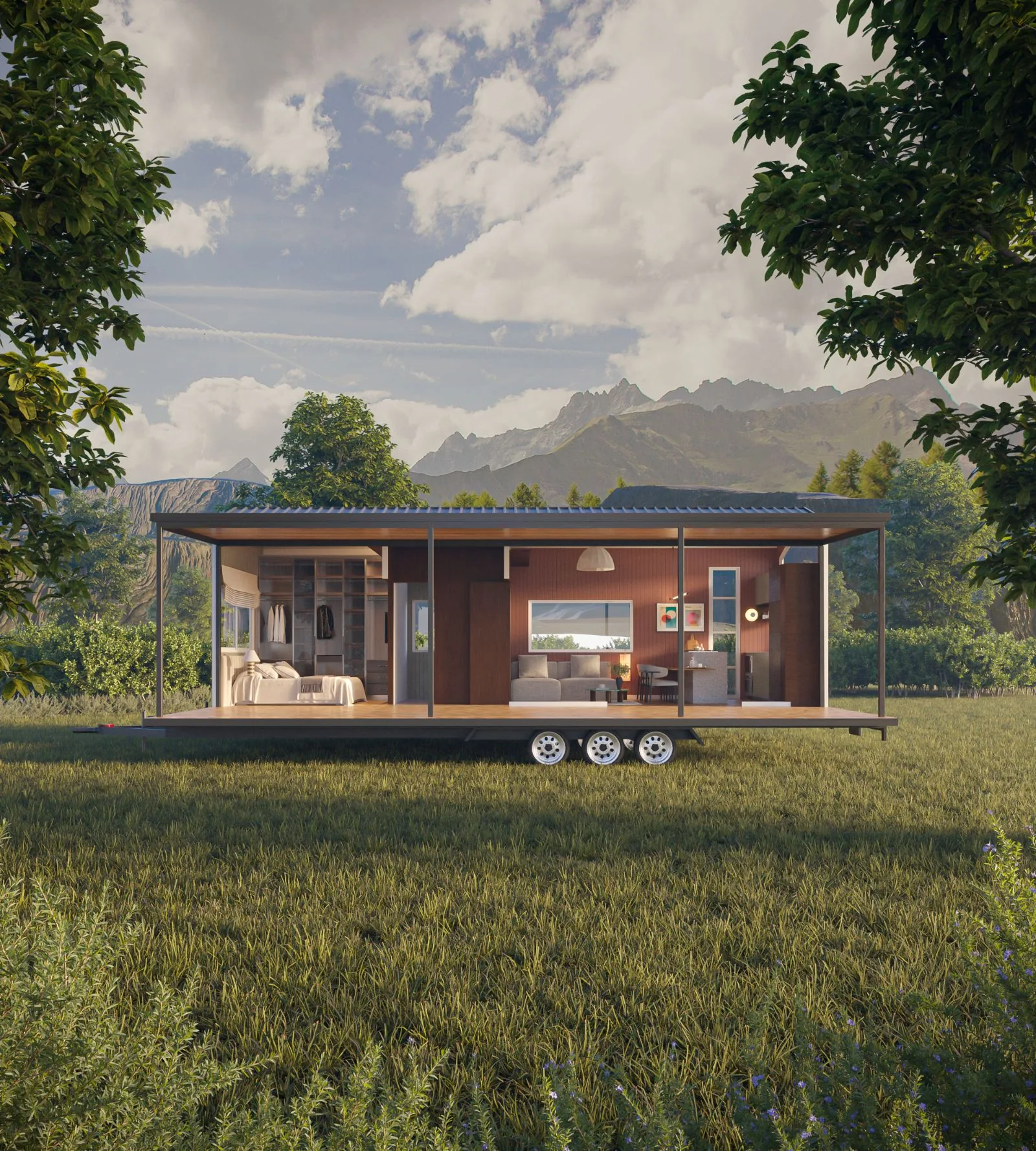 Cutaway of the Ember showing the bedroom, wardrobe, bathroom corridor, lounge and island kitchen