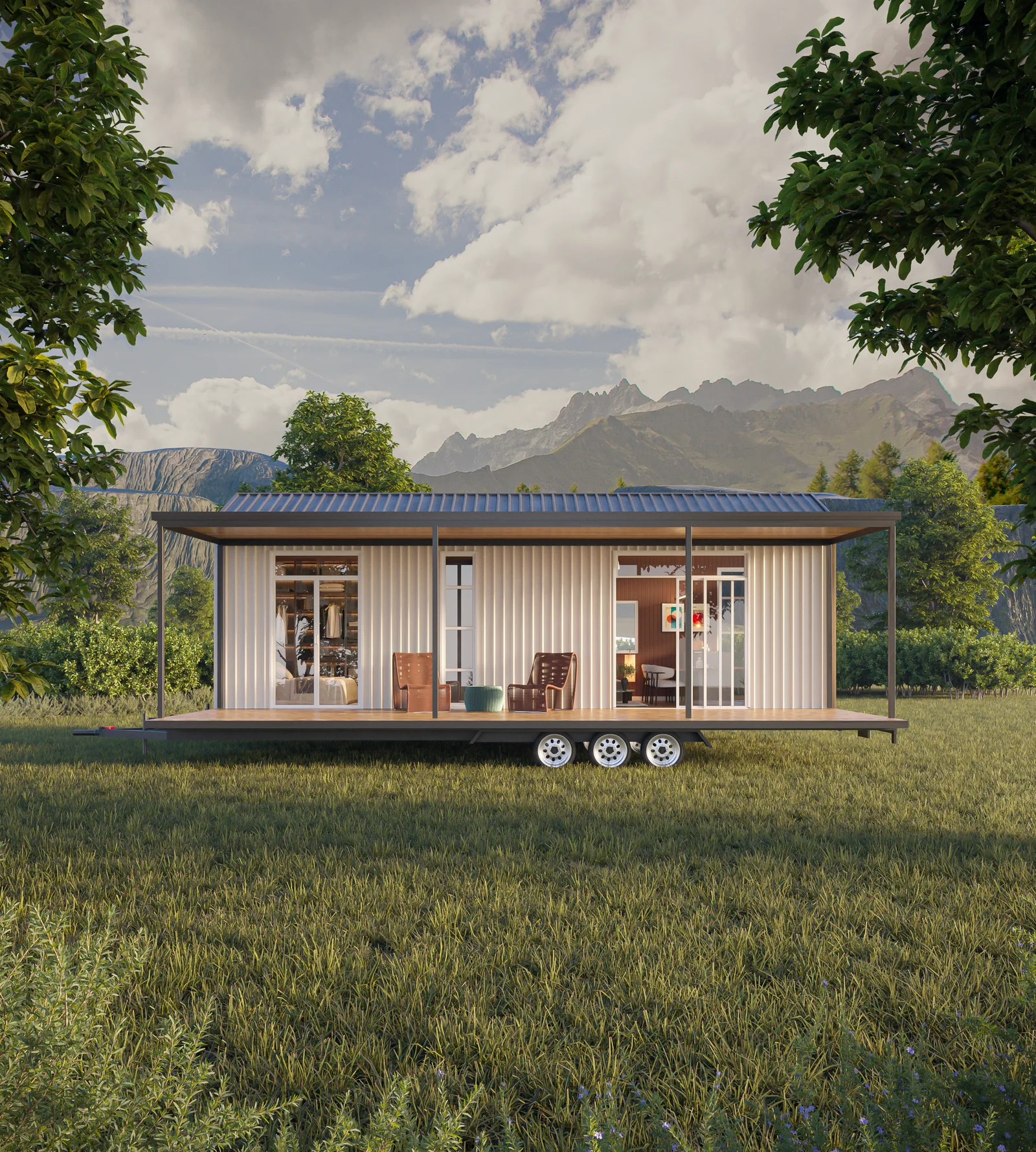 Front elevation of the Ember tiny home showing the deck and sliding doors