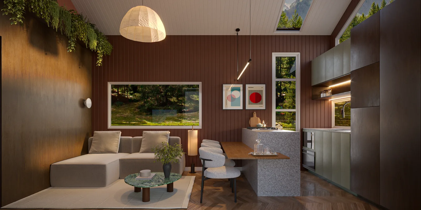 Ember lounge with full-size sofa and dining bench