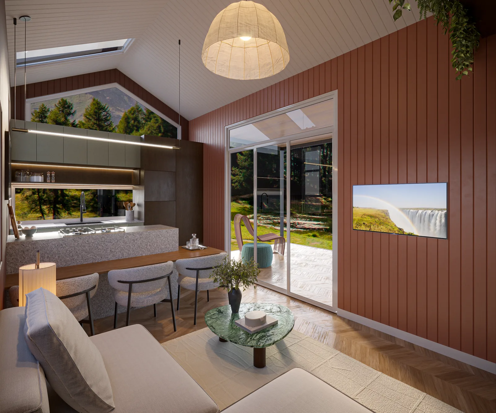 Ember living area with sliding doors open onto the timber deck