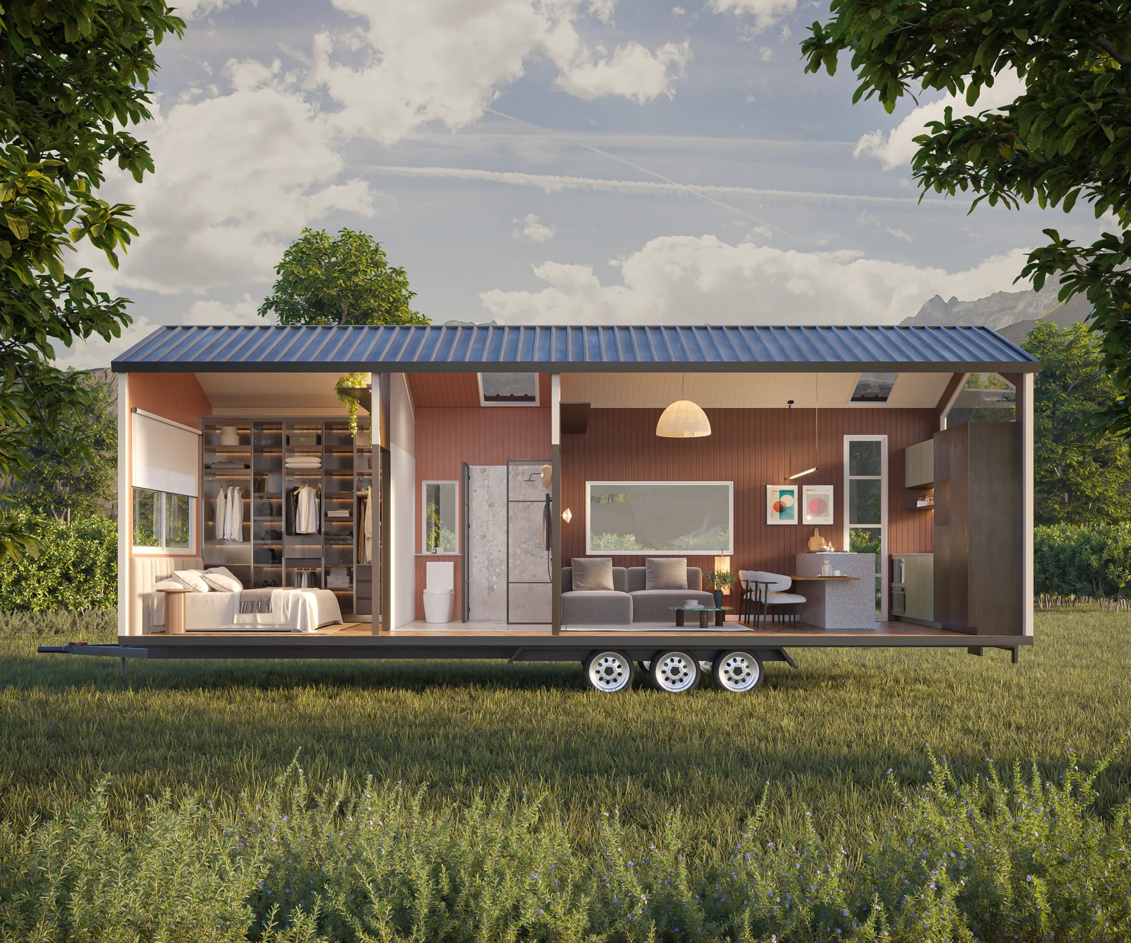 Cutaway of the Ember showing the bedroom, wardrobe, bathroom corridor, lounge and island kitchen
